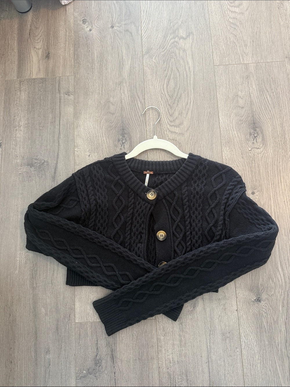 Free People Black Cable Knit Button-Front Cardigan